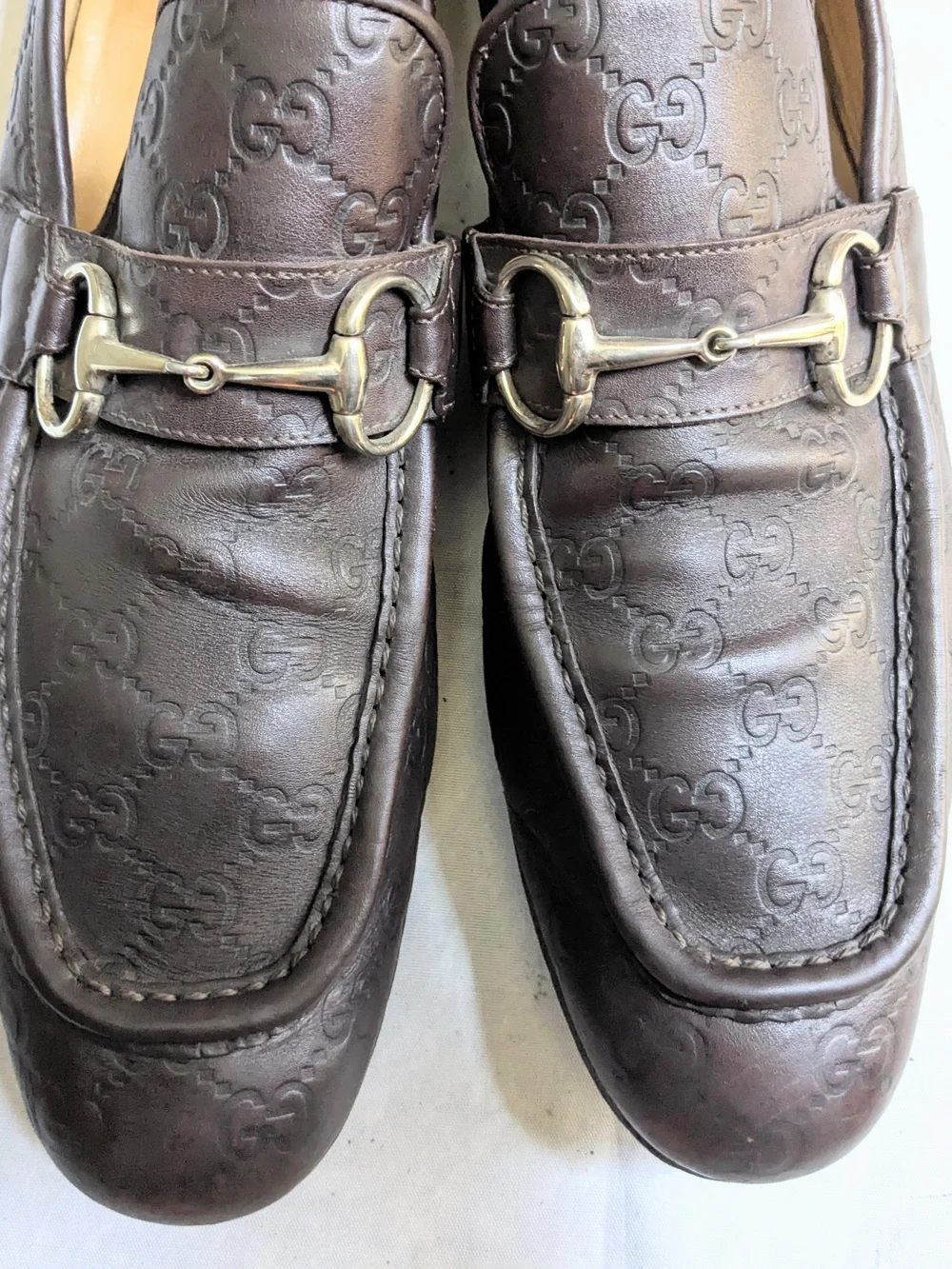 Gucci Horsebit Loafers Brown Monogram Leather Men US 12.5 Slip Ons Snaffle